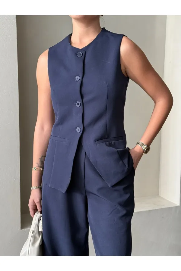 Dark Navy Camille Classic Button-Down Vest Trousers - 8449 Dark Navy Camille Classic Button-Down Vest Trousers - 8449