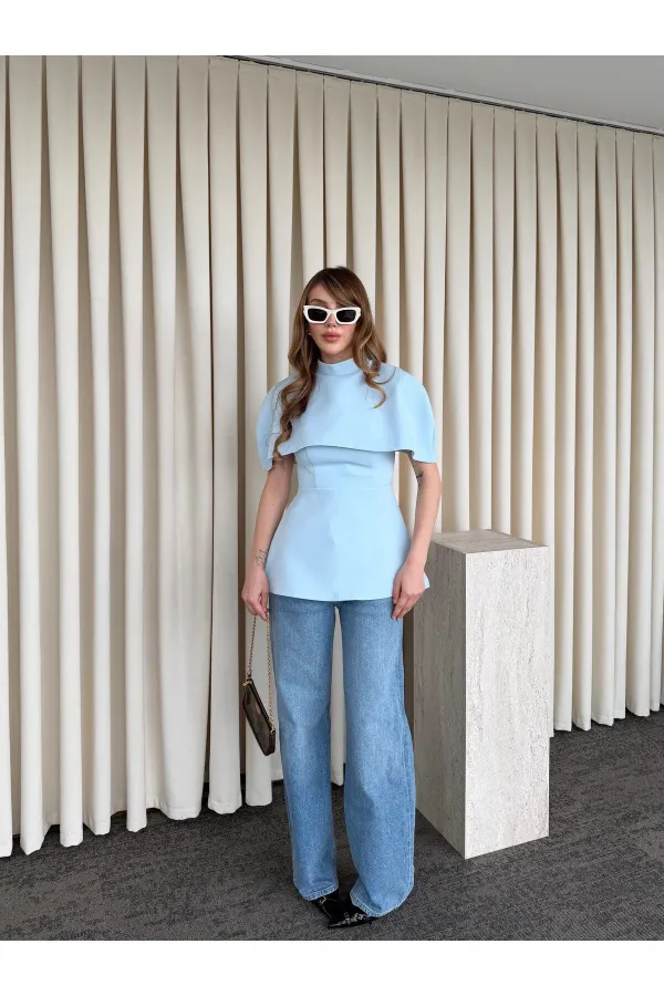 Mavi Pelerinli Straplez Bluz - 1101