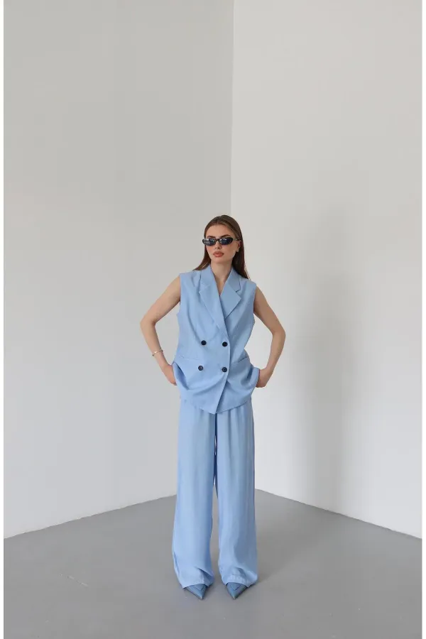 Blue and Black Button-Down Vest and Trousers Set