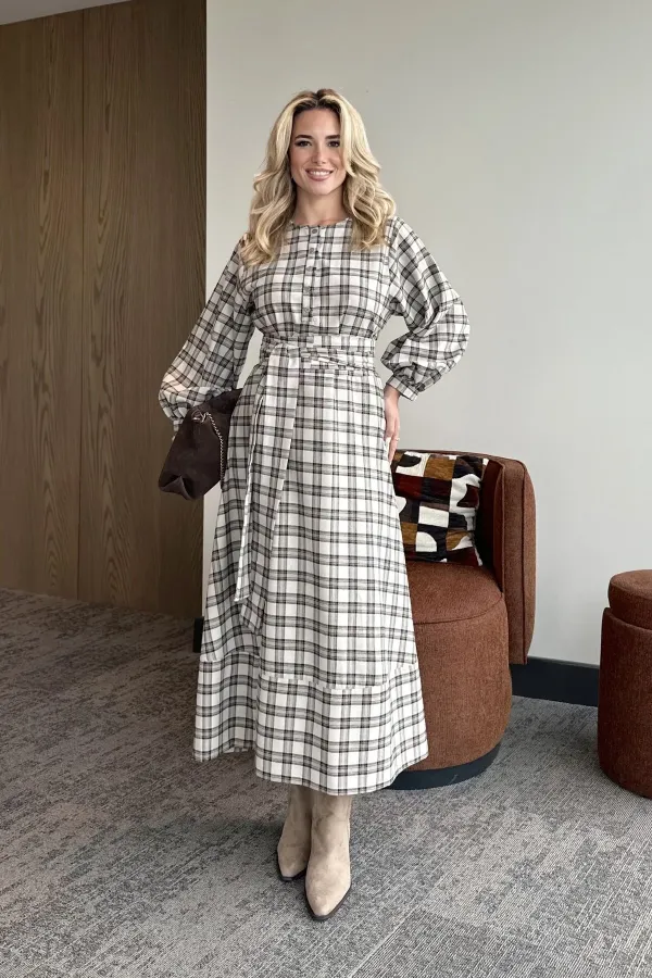 Stone Plaid Belted Long Dress - 1235 Stone Plaid Belted Long Dress - 1235