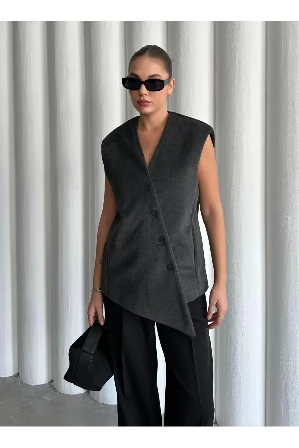 Antrasit Venedik Çapraz Düğmeli Yelek