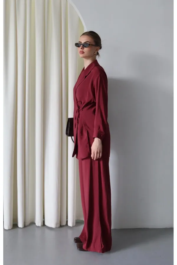 Burgundy Kimono Set with Collar Detail and Tie-Up - 8459 Burgundy Kimono Set with Collar Detail and Tie-Up - 8459