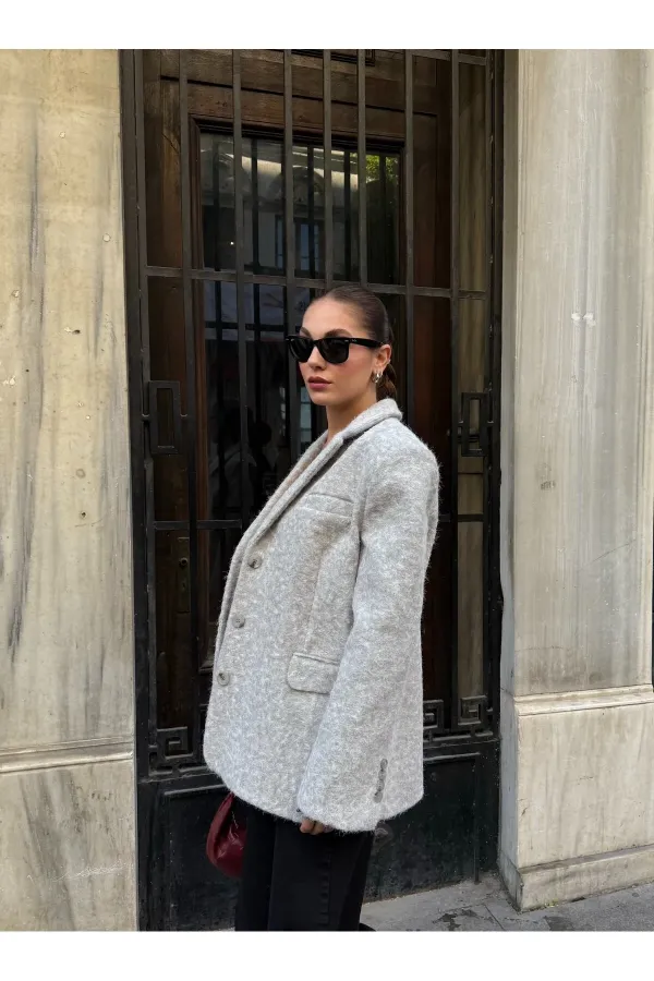 Veste Blazer en Cachemire Ceinturée Bouclé Gris - 7368