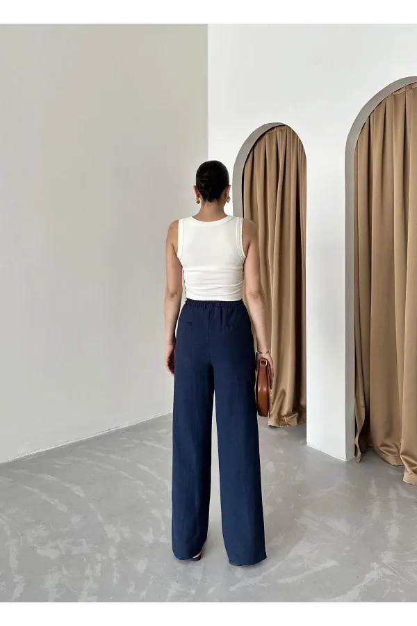 Pantalon bleu marine en coton et lin avec taille élastiquée