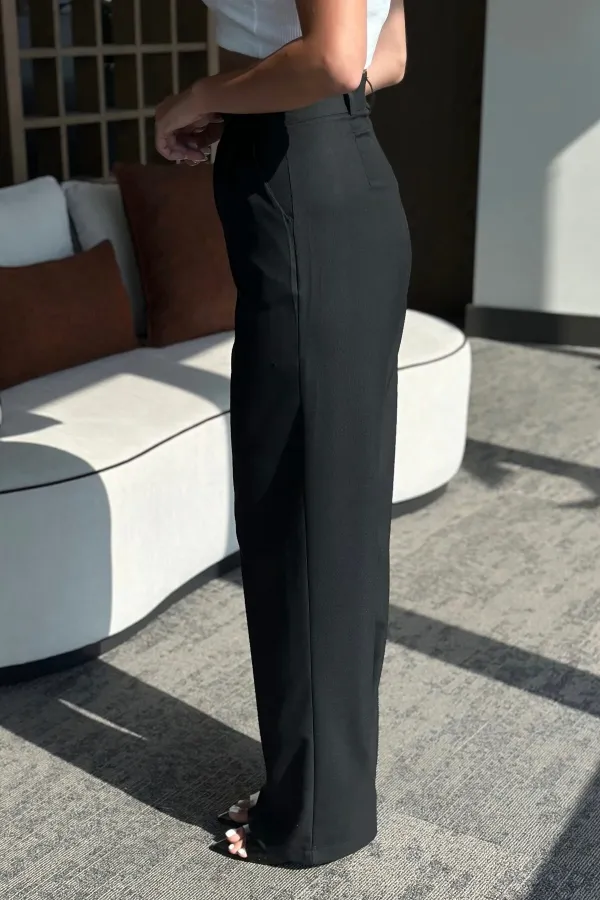 Pantalon en tissu noir avec boutons croisés sur le devant - 3442