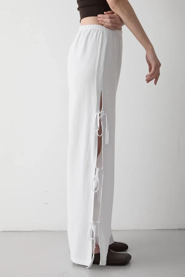White 100% Cotton Trousers with Side Slit and Tie Detail
