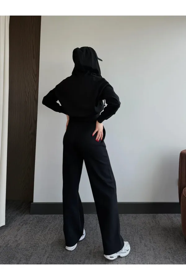 Siyah %100 Pamuk Kapüşonlu Fitilli Takım - 51232