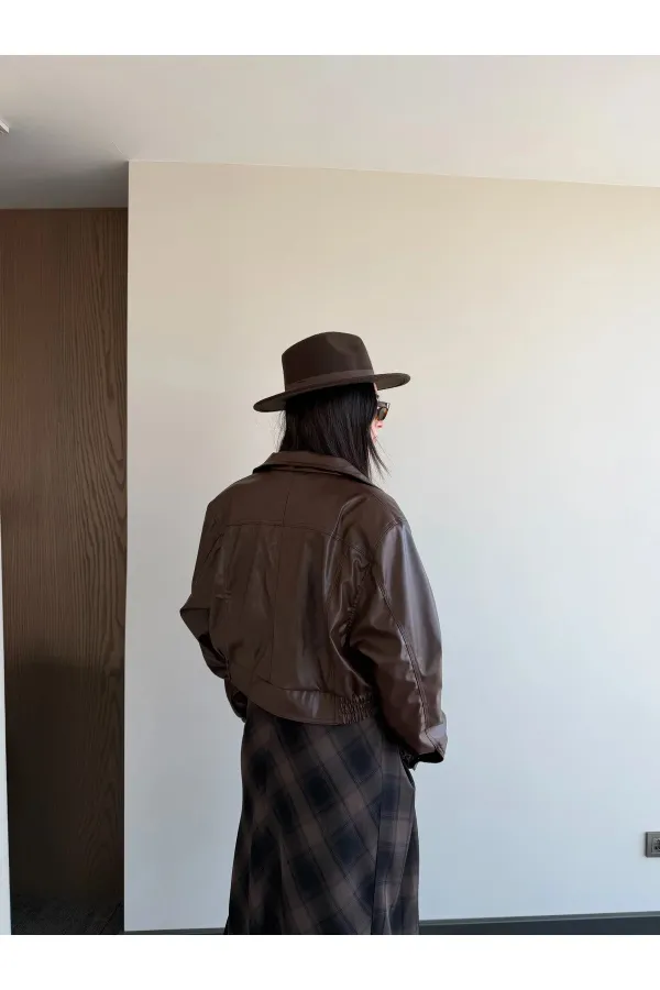 Kahverengi Fermuarlı Deri Ceket - 2617