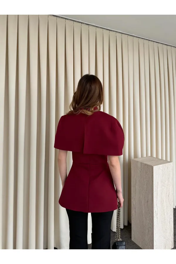 Bordo Pelerinli Straplez Bluz - 1101