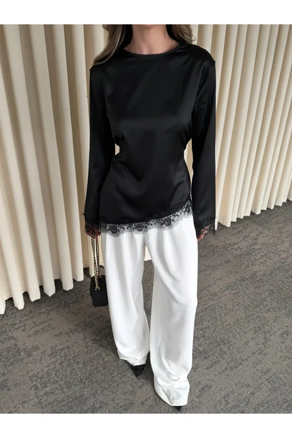 Siyah Saten Asimetrik Dantelli Bluz - 0320