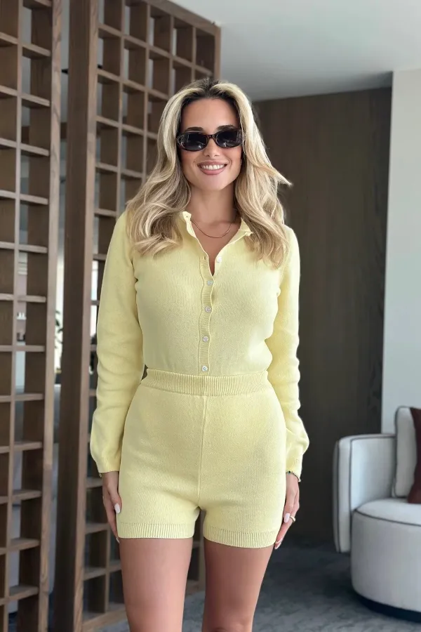 Yellow Bodysuit Cardigan Shorts Knit Set Yellow Bodysuit Cardigan Shorts Knit Set