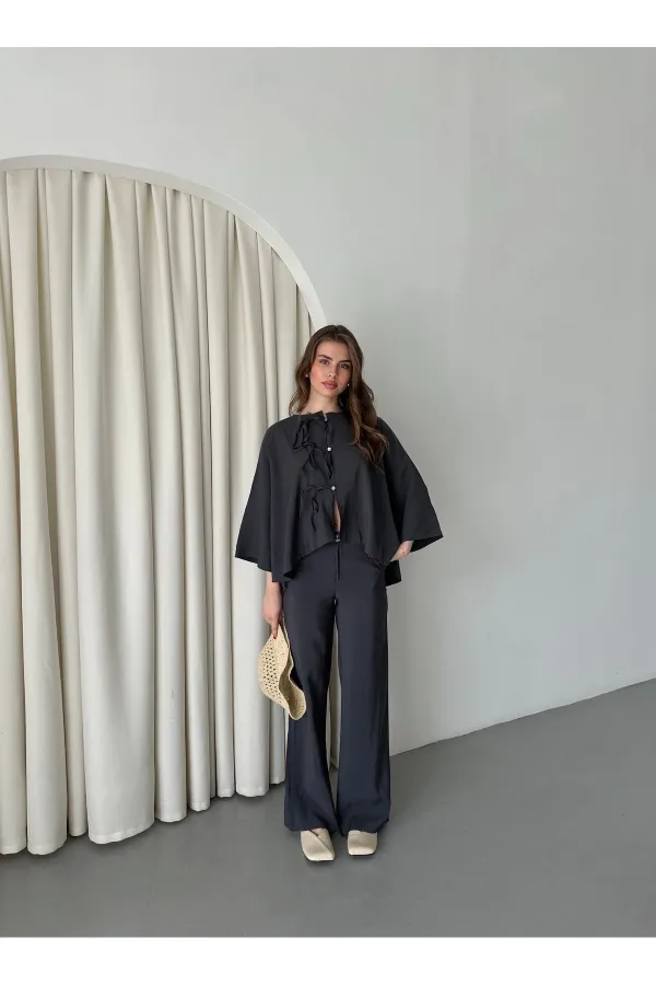 Ensemble chemisier et pantalon anthracite avec détails de surpiqûres au col - 9002