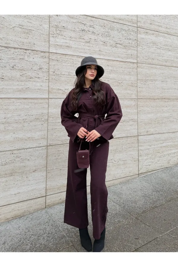 Mürdüm Bağlamalı Denim Ceket Pantolon Takım