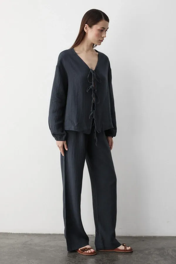 Antrasit %100 Pamuk Bağlamalı Bluz Pantolon Takım