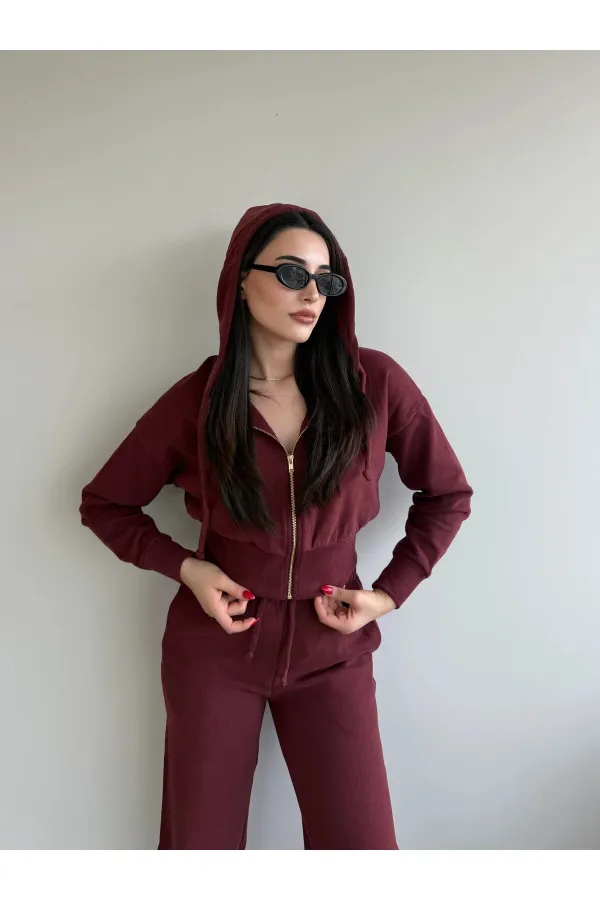 Bordo %100 Pamuk Kapüşonlu Fitilli Takım - 51232