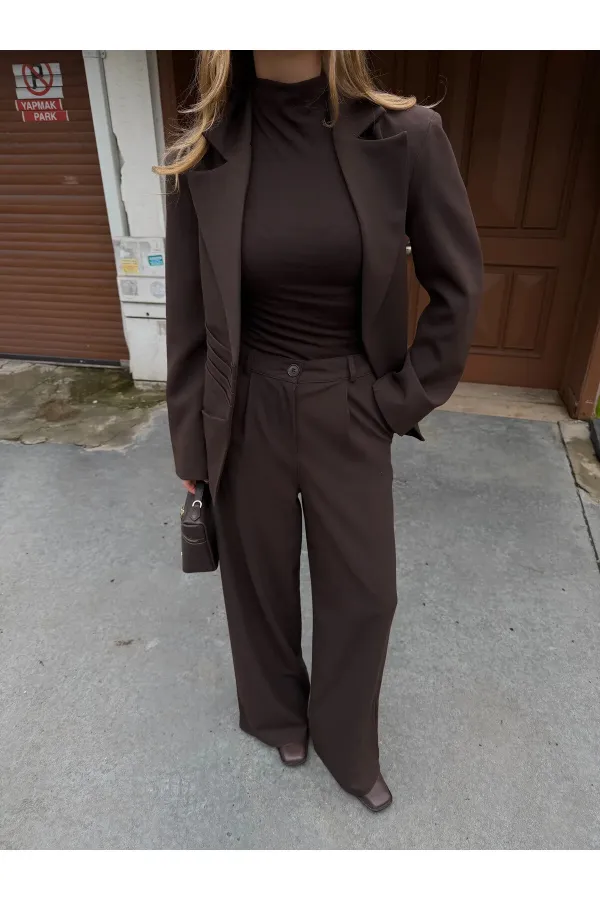 Kahverengi 4 Yan Düğmeli Ceket Pantolon Takım - 202602