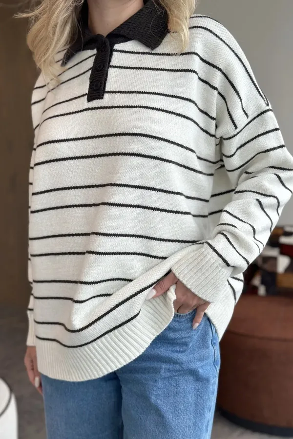 White and Black Striped Sweater -1510