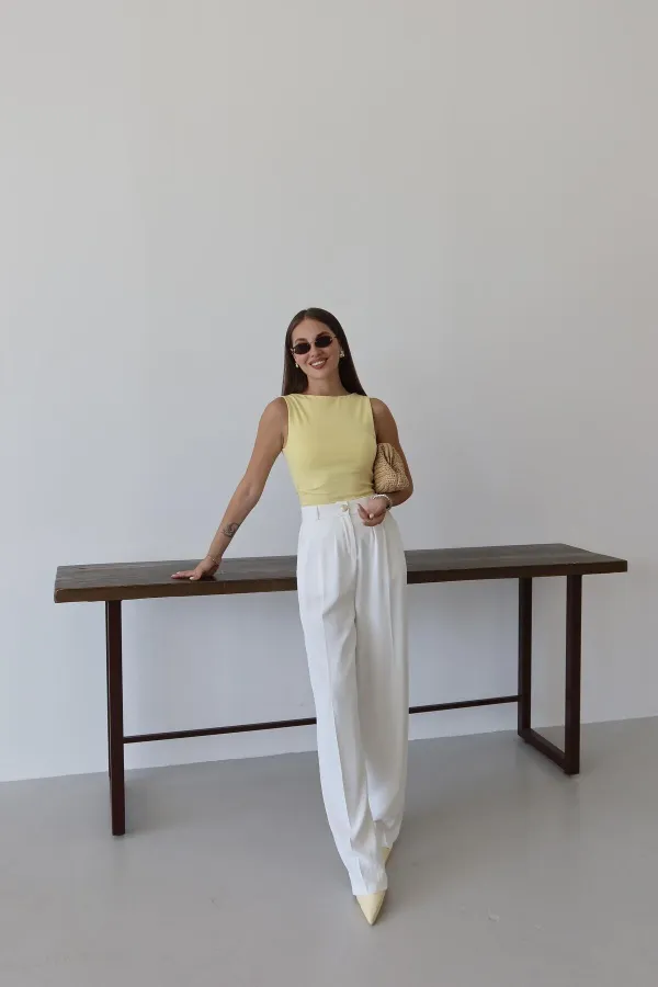 White Palazzo Pants with Gold Buttons and Elastic Waist White Palazzo Pants with Gold Buttons and Elastic Waist