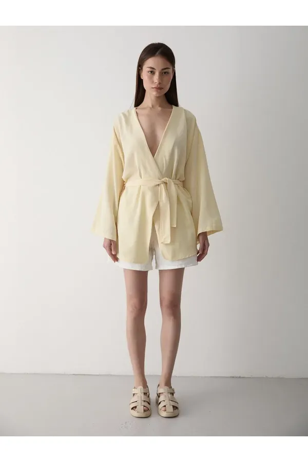 Yellow Cotton Linen Kimono with Button Detail and Belt