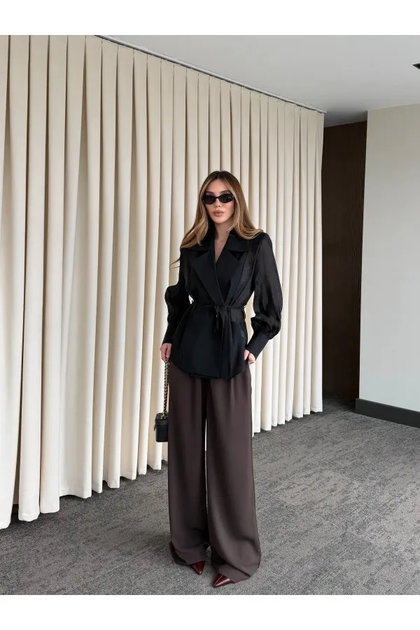 Siyah Vatkalı Transparan Gömlek - 5029