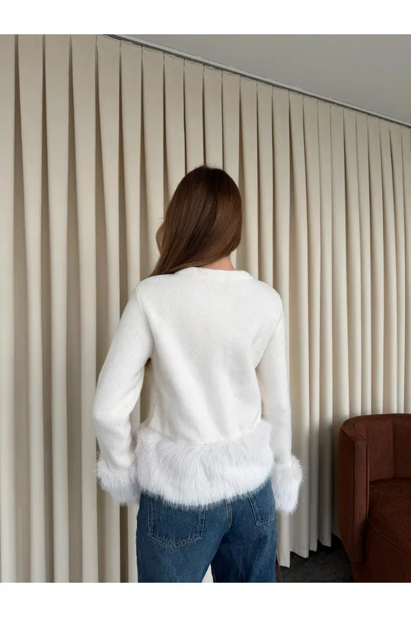 Ekru Kolları Kürklü Hırka - 251104