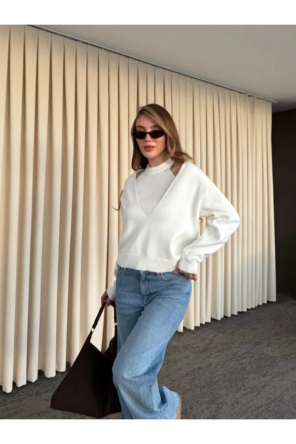 Ekru İkili V Yaka Kazak - 251206