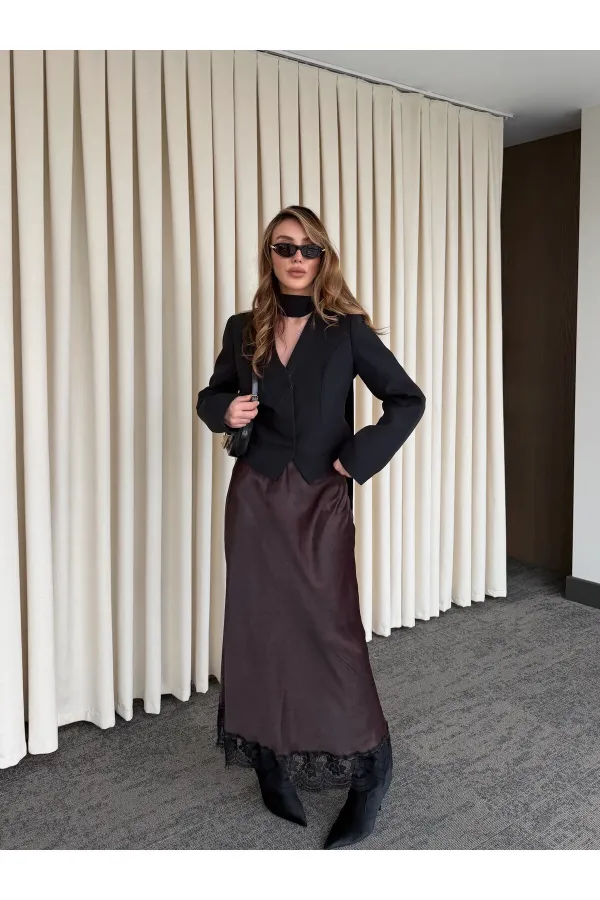 Kahverengi Puantiyeli Saten Etek Ucu Dantelli Etek - 50228