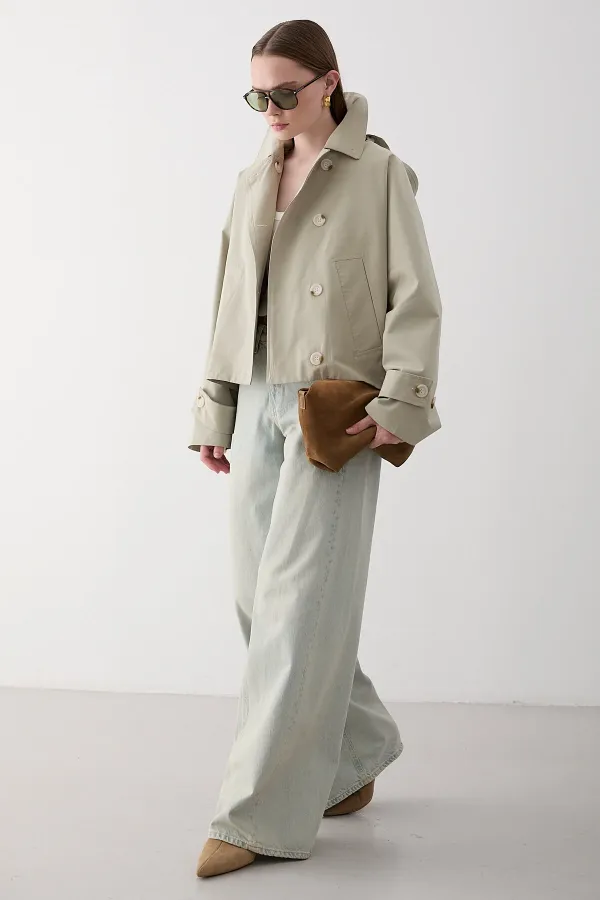 Mint Kapüşonlu Kısa Trençkot - 7003