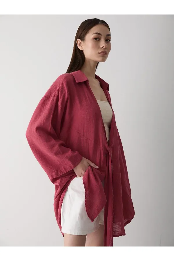 Burgundy Flam Linen Kimono Shirt