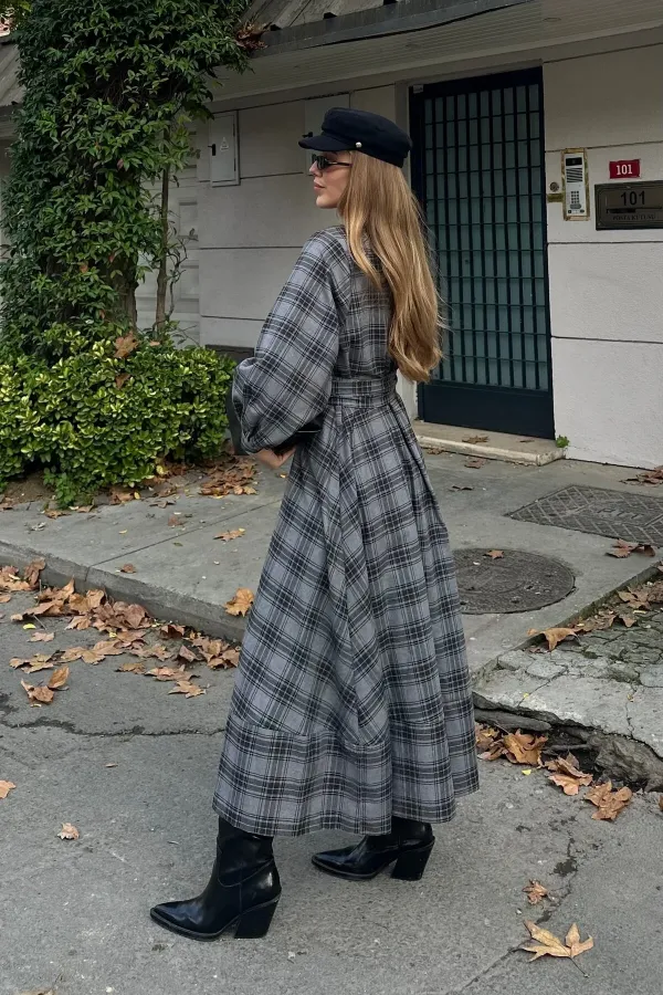 Grey Plaid Belted Long Dress - 1235 Grey Plaid Belted Long Dress - 1235