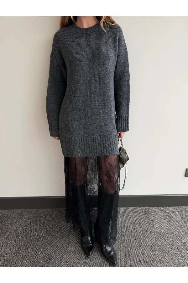 Antrasit Tül Detaylı Uzun Triko Elbise - 251009