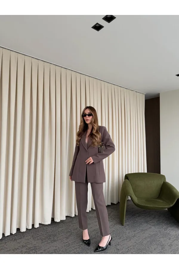 Kahverengi Belden Oturtma Blazer Ceket - 9684
