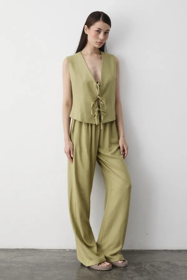 Ensemble gilet en mousseline kaki à 3 lacets