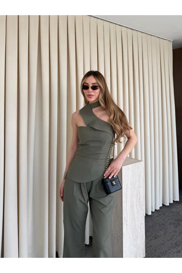 Haki Tek Omuz Tasarım Yaka Bluz Pantolon Takım - 8003
