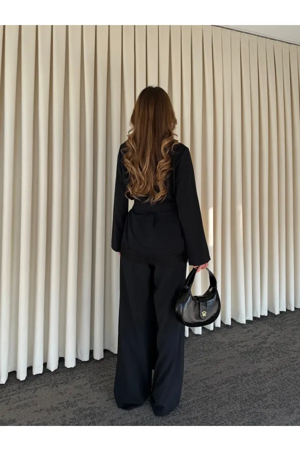 Siyah Kuşaklı Dantel Detaylı Bluz Pantolon Takım - 8006