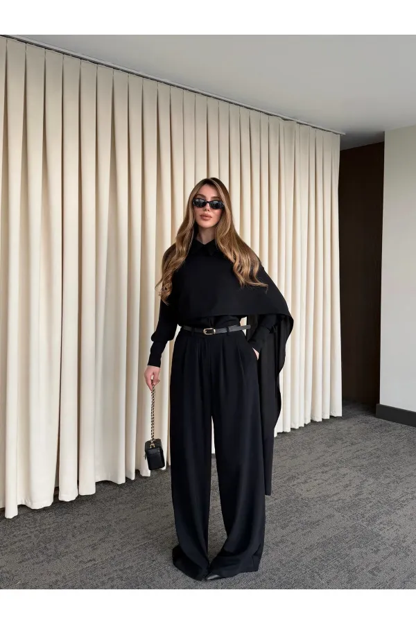Siyah Kemerli Şal Yaka Gömlek Pantolon Takım - 8004