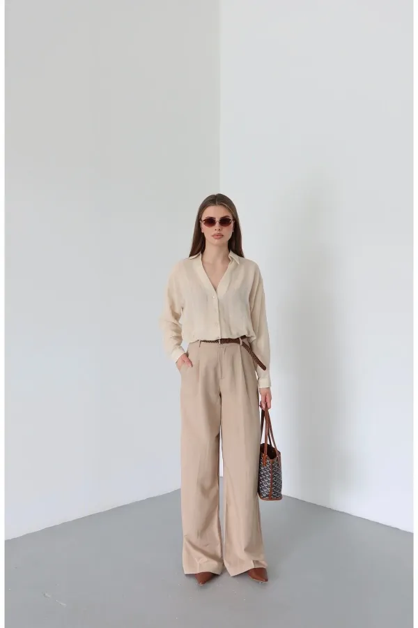 Pantalon beige en maille avec ceinture - 51150