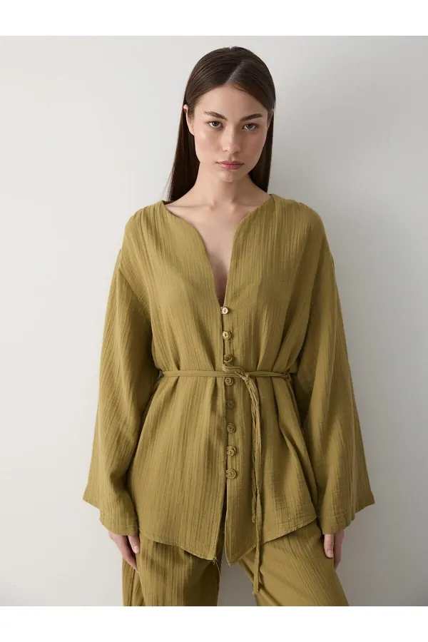 Haki Çok Düğmeli %100 Pamuk Gömlek Pantolon Takım