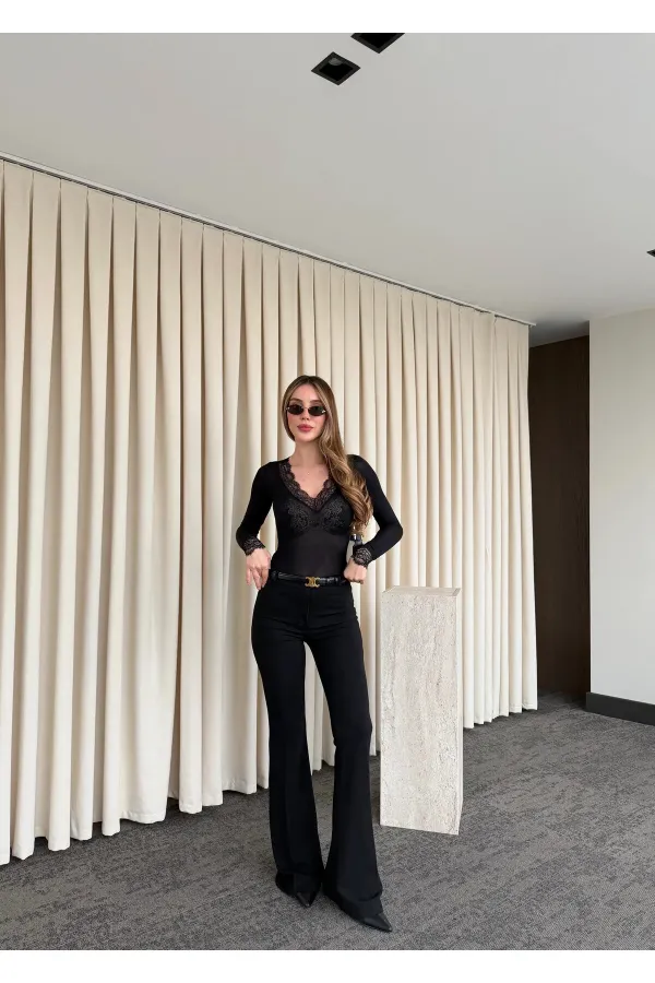 Black Cashmere Textured Blouse with Lace Detail and V-Neck - 1727