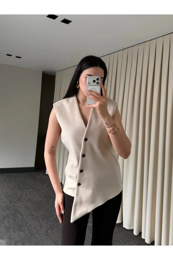 Bej Venedik Çapraz Düğmeli Yelek