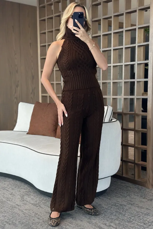 Kahverengi Kolsuz Bluz Pantolon Takım - 3009
