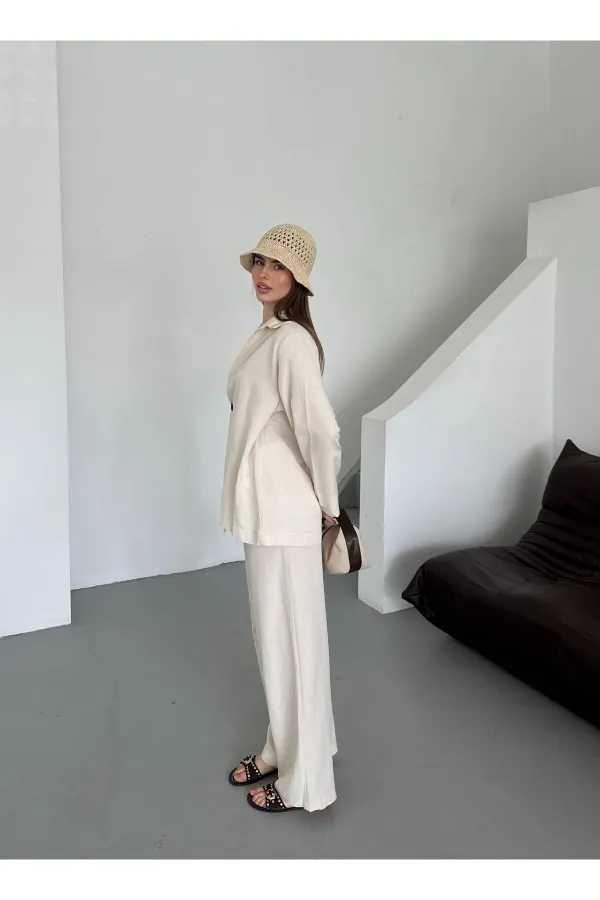 Natural 100% Cotton Double-Breasted Single-Button Kimono Pants Set - 8351 Natural 100% Cotton Double-Breasted Single-Button Kimono Pants Set - 8351