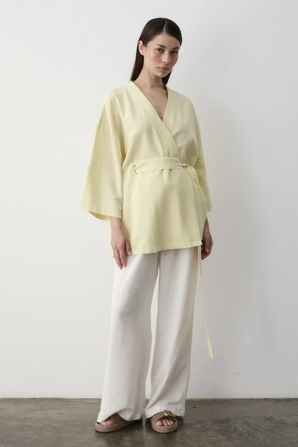 Sarı Iç Kemerli Fakir Kol Kimono - 5383