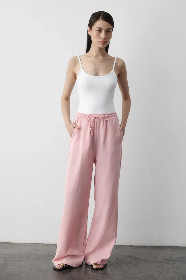 Pantalon rose en coton et lin avec taille élastique