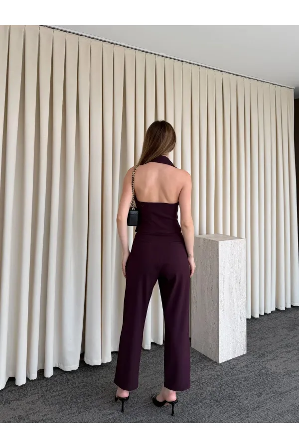 Mürdüm Tek Omuz Tasarım Yaka Bluz Pantolon Takım - 8003