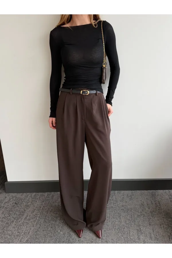 Kahverengi Kemerli Bol Paça Pantolon - 301