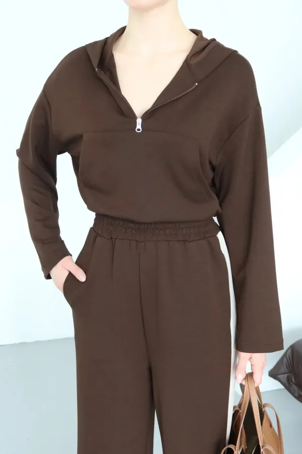 Ensemble à capuche marron avec garniture - 8569