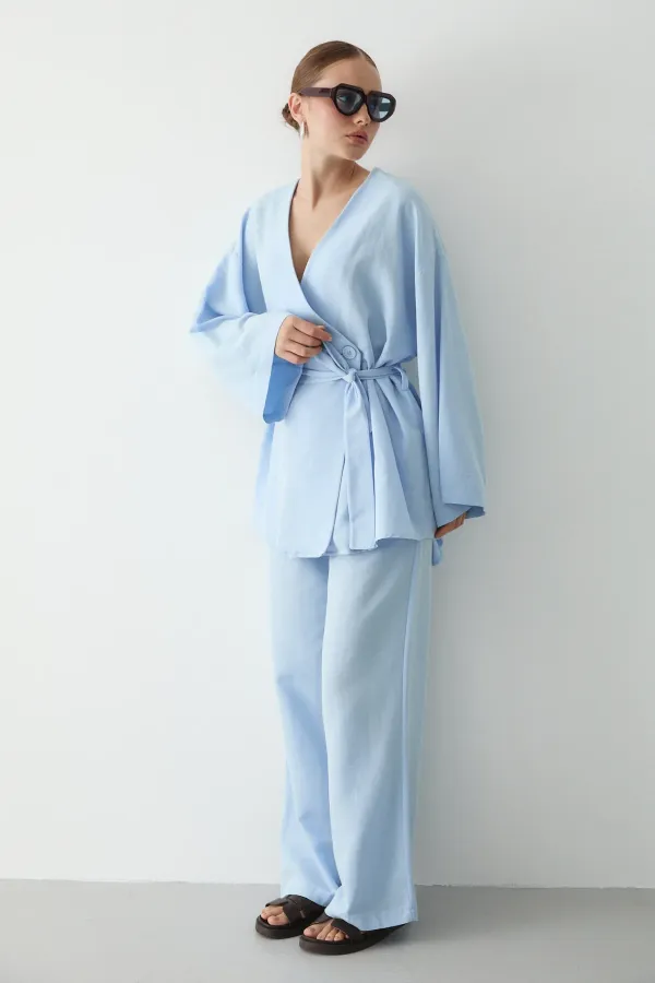 Mavi Pamuklu Düğme Detaylı Kemerli Keten Kimono
