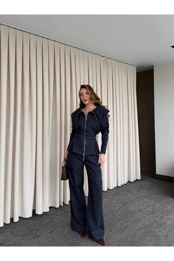 Costume en jean bleu marine de créateur - 8002