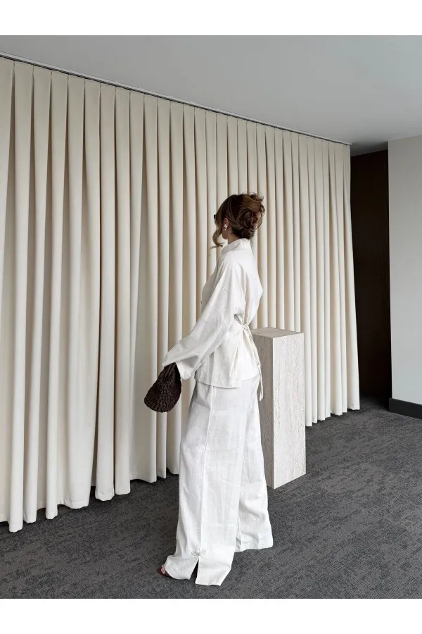 Natural Nakış Düğmeli Kimono Takım - 60624